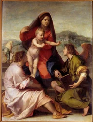 Madonna della Scala. Helig familj med en ängel. Målning av Andrea del Sarto (1486-1531) 1522-1523 Sön. 1,77x1,35 m Madrid, Pradomuseet