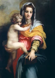 Madonna med barn, detalj från Madonna of the Harpies, 1517, av Andrea del Sarto (1486-1530), olja på trä, 207x178 cm