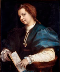 Porträtt av en okänd (Damen i Petrarchino, kvinnan håller i sina händer en kopia av "Canzoniere"" av Petrarch (Petrarca) Trämålning av Andrea del Sarto (1486-1530) 1528 cirka sön. 84x69 cm Florens, Galleria degli Uffizi (Kontor)