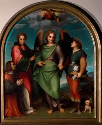 Ärkeängeln Rafael, Saint Leonard, Tobie och faddern på knä (Målning