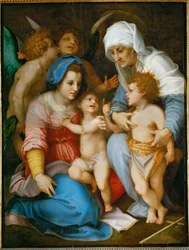 Den heliga familjen. Sankta Maria, Jesus, Johannes Döparen och hans mor Sankta Elisabeth ...