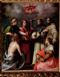 Disputationen av den heliga treenigheten, med St Peter, St Lawrence, St Augustine of Hippo, St Francis, St Sebastian, St Mary Magdalena (Målning, ca 1517)