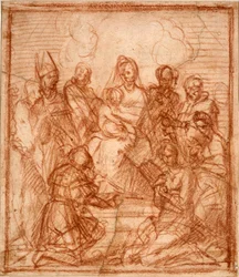 "Madonna and Child on the Throne with Eight Saints" (Enthroned Madonna with Child and eight saints (Composition study)) Sanguinteckning av Andrea del Sarto (1486-1531) 1528 Sanguine på papper Dim 15,6x13,5 cm Staatliche Museen, Berlin