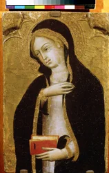 ""Jungfru av bebådelsen"" (Jungfru Annunciate) Tempera på trä av Andrea di Bartolo (1389-1428) circa 1410 Pushkin Museum, Moskva