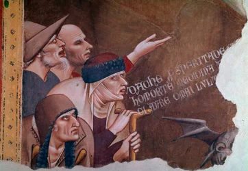 Detalj av en scen av Apokalypsen som skildrar en grupp invalider, sjuka ekloper och tiggare. Dödens triumf (Fresco