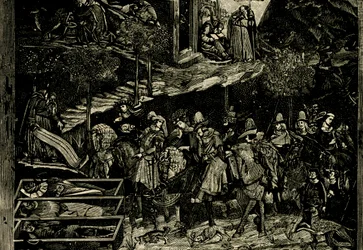 Ridning, detalj från Triumph of Death, fresk av Andrea Orcagna (cirka 1315-1368), Pisa, Toscana, Italien, träsnitt från Le cento citta d