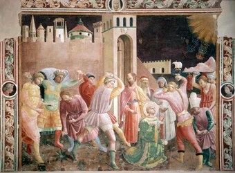 Stening av St Stephen Fresco av Andrea di Giusto (aktiv omkring 1424-1450) 1430-1450 Cathedrale of Prato, Chapel of Assunta Prato Italien