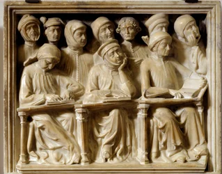 Begravningsbåge av Bartolomeo da Saliceto: studenter som deltar i en kurs (skulptur