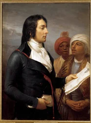 Kampanj (expedition) i Egypten (1798-1801): "" Porträtt av general Charles Antoine Desaix de Veygoux (1768-1800) som läser en agenda för general Bonaparte för två egyptier under Egyptens expedition En IX av republiken""" Målning av Andrea Appiani