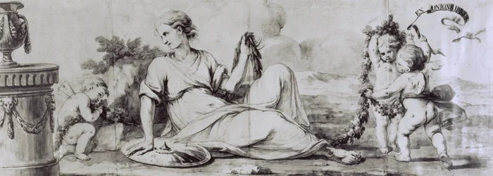 Kvinnlig figur med putti, allegorisk sammansättning, ca 1754, design av Andrea Appiani (1754-1817) för byrå av Giuseppe Maggiolini, Italien