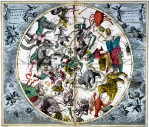Karta över himlen och zodiakens tecken - faksimil av en uråldrig komposition som representerar den norra himlens stjärnbilder, baserad på André Cellarius "Harmonia Macrocosmica"