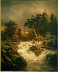 A.Achenbach, nordiskt vattenfall med regnbåge