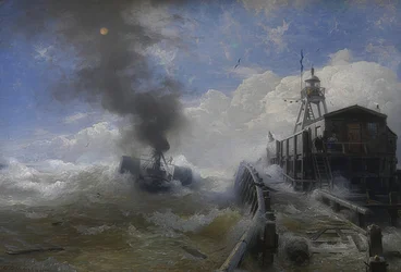 En bogserbåt lämnar hamnen i Oostende vid högvatten. 1878