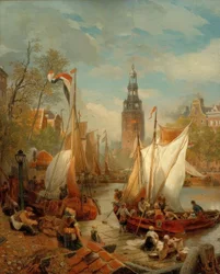 Hamnscenen i Amsterdam (holländsk strandbild)