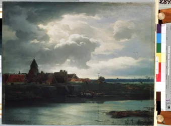 ""Village Landscape On A River"" (Landskap med en flod) Målning av Andreas Achenbach (1815-1910) 1866 Sankt Petersburg, Eremitaget