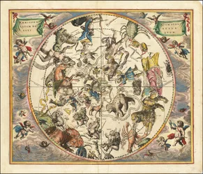 Himmelskarta från 1660 som illustrerar konstellationerna på norra halvklotet överlagrade på jordens södra halvklot