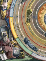 En astronom, detalj från en karta över planeterna, från puben "The Celestial Atlas, or The Harmony of the Universe" (Atlas coelestis seu harmonia macrocosmica). av Joannes Janssonius, Amsterdam