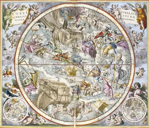Karta över de kristna stjärnbilderna såsom de avbildats av Julius Schiller, ur Den himmelska atlasen, eller Universums harmoni, Atlas coelestis seu harmonia macrocosmica, utgiven av Joannes Janssonius, Amsterdam