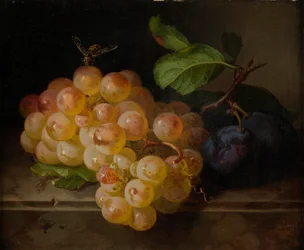 Stilleben med frukt med ett bi