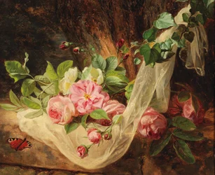 Stilleben med rosor på en skogsdunge