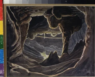 Cave - Förberedande dekor för operan "Rouslan och Lyudmila" av Mikhail Glinka (1804-1857) (Scenografi för operan Ruslan och Lyudmila av M Glinka) Verk av Andreas Leonhard Roller (1805-1891), akvarell och gouache på papper
