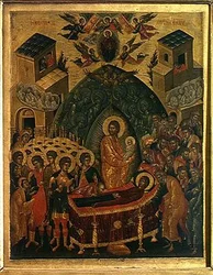 Dormition of the Virgin (tempera på panel)