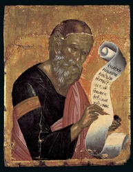 Johannes teologen, skriver sina uppenbarelser på en öppen rulla (äggtempera på panel)