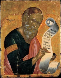 Sankt Johannes evangelisten skriver sina uppenbarelser - ikon av Andreas Ritzos (1421-1492), tempera på trä (24x23,4 cm), cirka 1455 - Benaki-museet, Aten (Grekland)