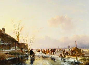 Skridskoåkare vid en bås på en frusen flod, 1850