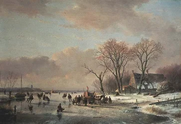 Vinter flodlandskap med många skridskoåkare