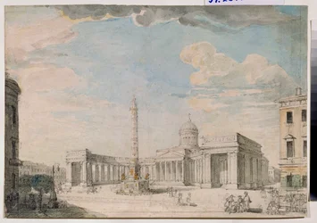La cathedrale Notre Dame de Kazan (Notre-Dame-de-Kazan) a Saint Petersburg (Kazan-katedralen i St Petersburg) - Verk av Andrei Nikiforovich Voronikhin (Voronikhine) (1759-1814), penna och akvarell på papper, cirka 1800, Rysk konst 1700-1800-talet, cl
