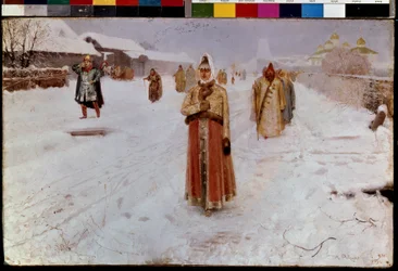 söndag (söndag). På vintern, på en snöig väg i Storhertigdömet Moskva, under de oroliga tiderna (1500-1600-talet) i det gamla Ryssland, kommer Boyars (bräder, galtar), män och kvinnor, i traditionella dräkter, tillbaka från kyrkan. Andres målning