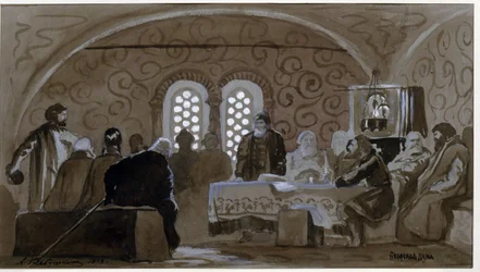 Duman vid Boyars tid (boiards, boiars) (The Boyar Duma). Rådgivande rådet för prinsarna av Kievan Rus (Ruthenia) vid tiden för tsar Michael I av Ryssland (1596-1645). Verk av Andrei Petrovich Ryabushkin (Riaboutchkine) (1861-1904), aquare