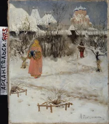 Walk of a Boyard girl (board, boiar). Målning av Andrei Petrovich Ryabushkin (Riabutchkin) (1861-1904), olja på duk