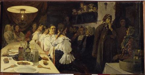 Väntar på brudparets återkomst från en kyrka i Novgorod-provinsen. Målning av Andrei Petrovich Ryabushkin (Riabutchkin) (1861-1904), olja på duk