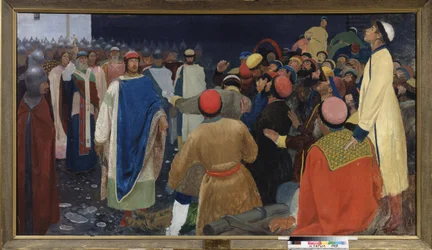 Prins Gleb Sviatoslavitch (död 1079) dödar en volkhve (slavisk spådomsmagiker) vid en veche i Novgorod. Målning av Andrei Petrovich Ryabushkin (Riabutchkin) (1861-1904), olja på duk
