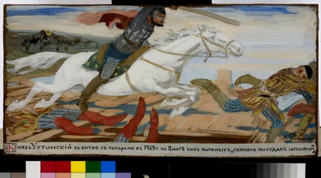 Prins Vasilij Ukhtomsky har striden mot tartarerna (tatarerna) på Volga 1469. (Prins Ukhtomsky i slaget med tartarerna vid Volga 1469). Verk av Andrei Petrovich Ryabushkin (Riaboutchkine) (1861-1904), gouache på papper