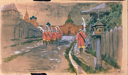 Gatupatrull vid Ilyinsky-porten i Gamla Moskva. Verk av Andrei Petrovich Ryabushkin (Riaboutchkine) (1861-1904), akvarell på papper