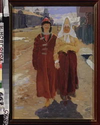 Utflykt på besök. (par eleganta bojarer (bräder, boiarer) i traditionella kläder, går längs gatan i en by med trähus.) Målning av Andrei Petrovich Ryabushkin (Riaboutchkine) (1861-1904), olja på duk