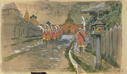 Strelets patrullerar vid Ilyinsky-portarna i Gamla Moskva, 1897