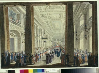 Fest ges av kejsarinnan Katarina II av Ryssland (1729-1796) i Vinterpalatset i Sankt Petersburg för att hedra den turkiska ambassadören (mottagning till den turkiska ambassadörens ära). Verk av Andrei Voronikhin (1759-1814)
