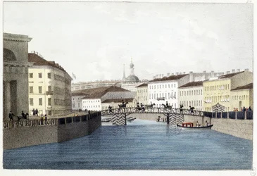 Le pont Bolshoi Koniushennyi i Sankt Petersburg. (Bolshoi Koniushennyi-bron i Sankt Petersburg). Lithographie et aquarelle av Andrei Yefimovich Martynov (1768-1826)