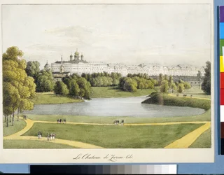 ""Katrinepalatset i Tsarskoye Selo"" av Andrei Yefimovich Martynov (1768-1826), Litografi, akvarell