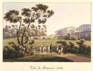 Utsikt över Cameron Gallery i parken i Tsarskoye Selo, före 1817