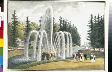Utsikt över Samsonfontänen i Peterhofs övre trädgårdar i Ryssland (Samsonfontänen i Peterhofs övre trädgårdar). Litografi och akvarell av Andrei Yefimovich Martynov (1768-1826)