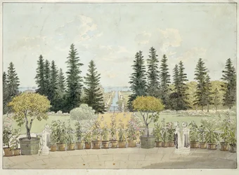 Utsikt från terrassen på Oranienbaum-palatset i Lomonosov, Sankt Petersburgs tätort (Utsikt från terrassen på det stora Oranienbaum-palatset). Verk av Andrei Yefimovich Martynov (1768-1826), akvarell på papper