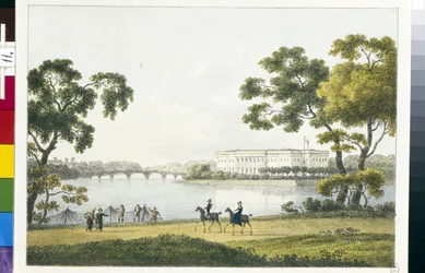 Utsikt över palatset på Stone Island (eller Kamenny Island) i Sankt Petersburg (Utsikt över Kamenny Island Palace i Sankt Petersburg). Litografi och akvarell av Andrei Yefimovich Martynov (1768-1826)