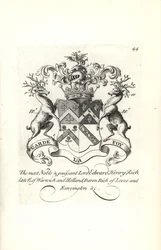 Vapensköld och vapen av Lord Edward Henry Rich, 7:e greven av Warwick och Holland, baron RIch av Leeze och Kensington