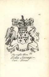 Vapensköld och vapen av höger ärade John Savage, 5th Earl of Rivers