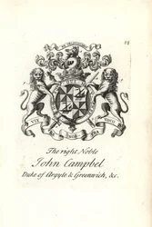 Vapensköld och vapen av den högra adelsmannen John Campbell, 2:a hertigen av Argyll och Greenwich,